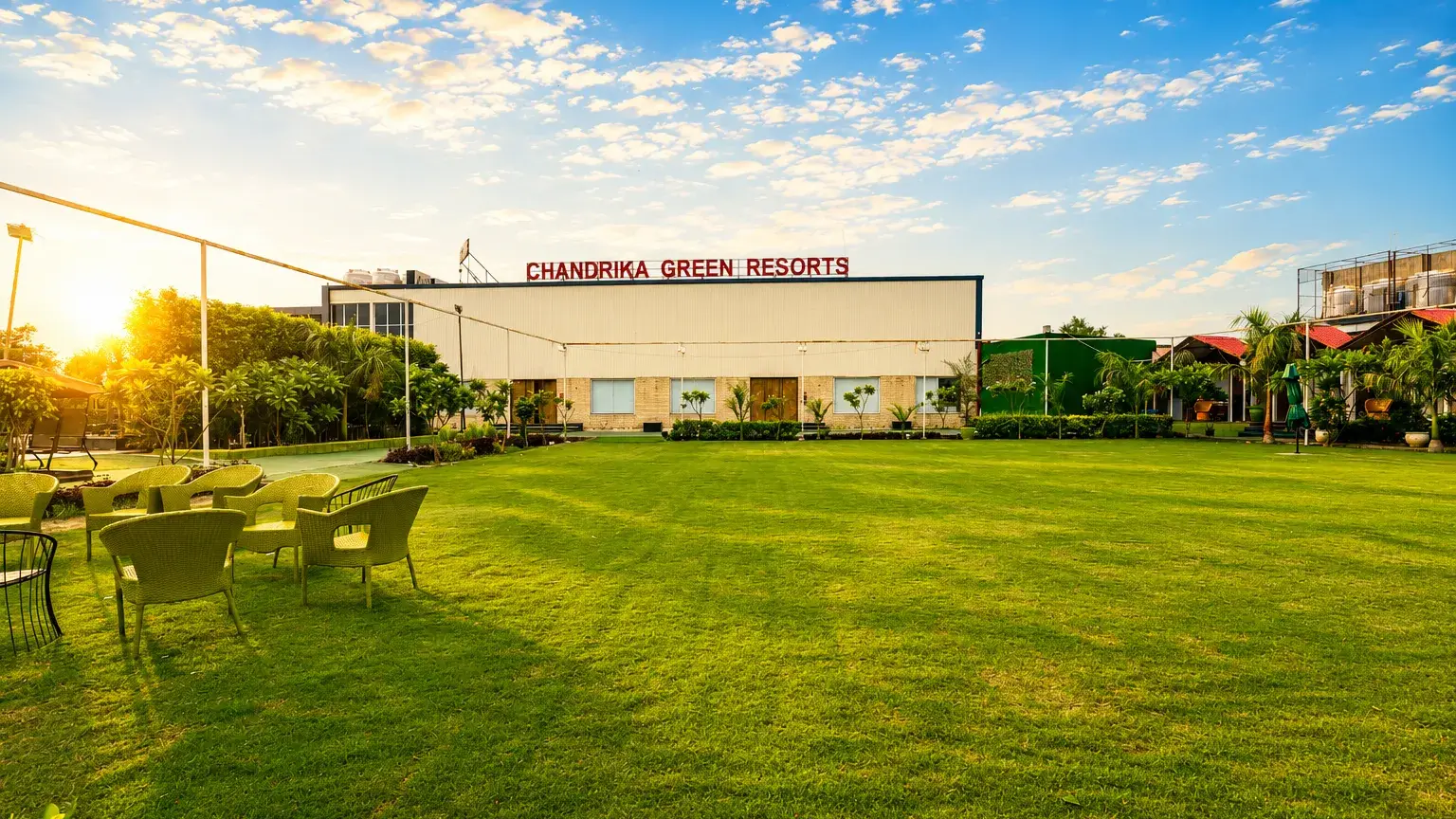 Main lawn and building at Chandrika Green Resort, Vrindavan