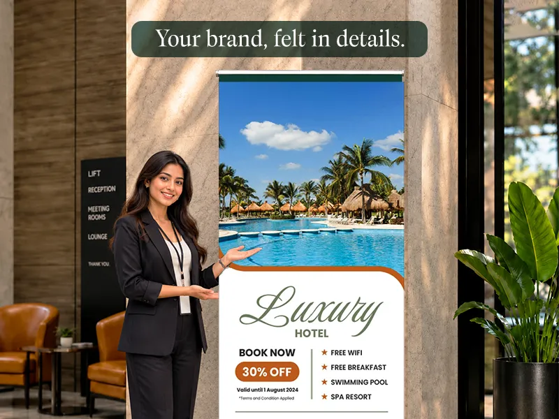 Brand Collaterals: Hotel standee designed for a lobby. Caption: Your brand, felt in details.