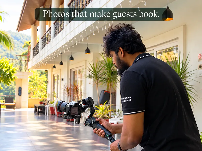 Content Shoot: Videographer filming at a hotel with a gimbal camera. Caption: Photos that make guests book.