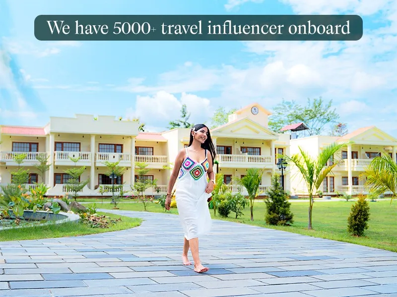 Influencer Marketing: Travel creator walking through a resort. Caption: We have 5000+ travel influencers onboard.