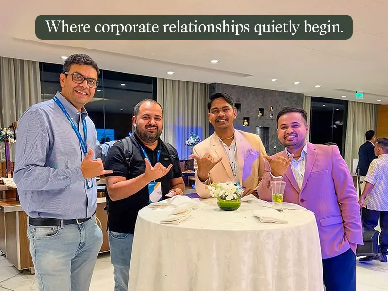 LinkedIn Marketing: Our team networking at a hospitality event. Caption: Where corporate relationships quietly begin.