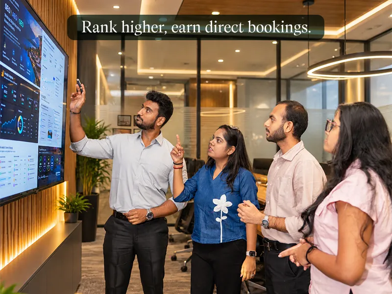 SEO: Our team reviewing an SEO performance dashboard. Caption: Rank higher, earn direct bookings.