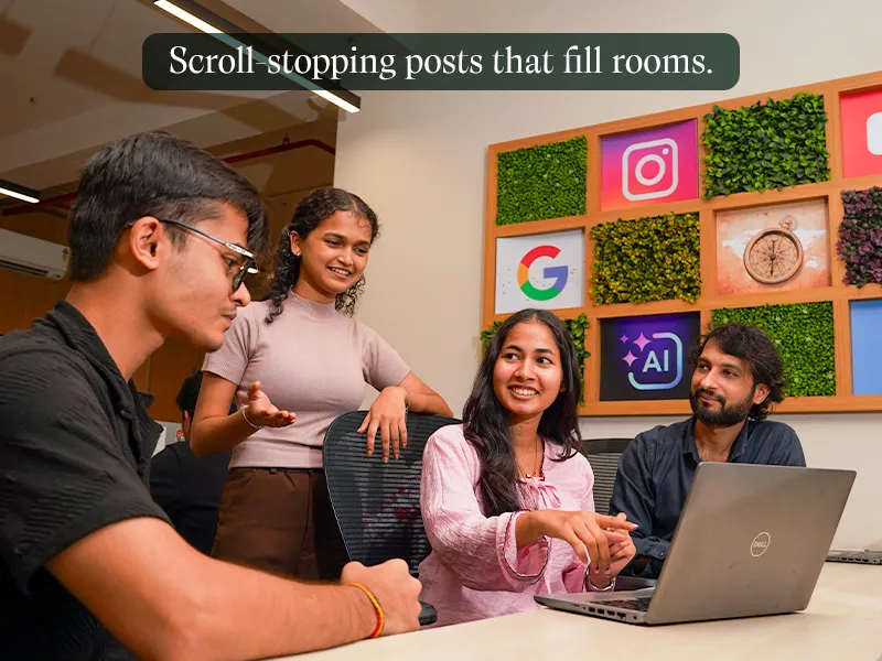 Social Media Marketing: Our team planning hotel social media content. Caption: Scroll-stopping posts that fill rooms.