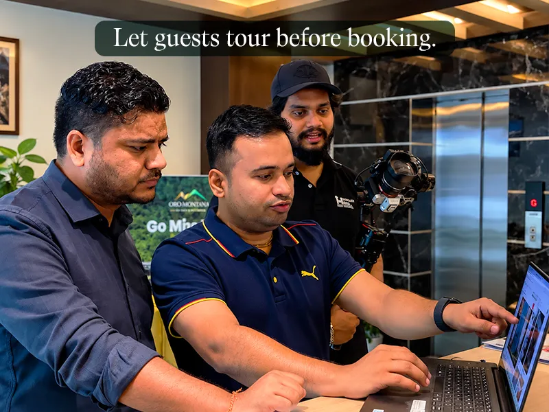 YouTube Marketing: Team reviewing hotel video footage on a laptop. Caption: Let guests tour before booking.
